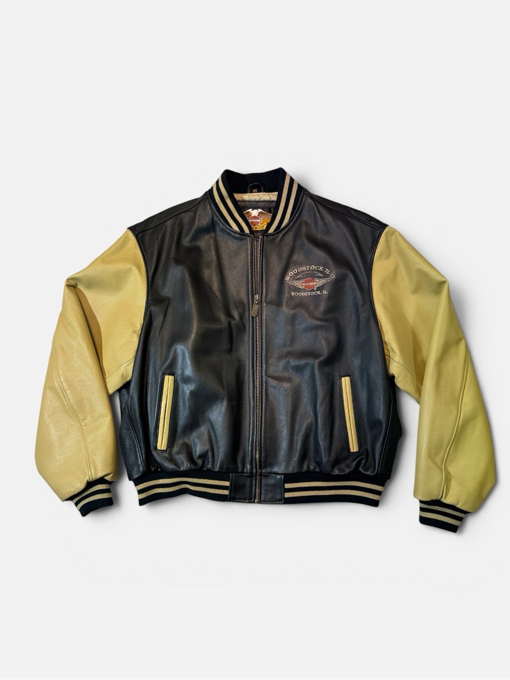 Harley Davidson mens 3XL XXXL black beige leather zip up bomber jacket EUC